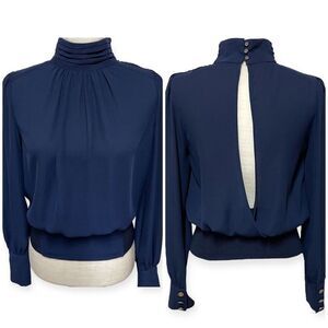 Double Zero Open Back Mock Neck Blouse (Navy Blue) - Small